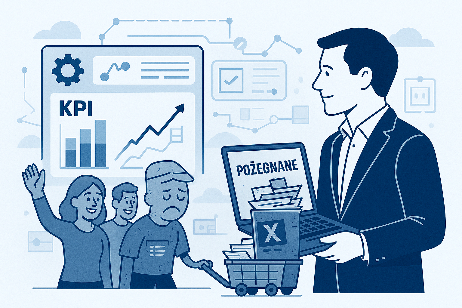 a man holding a laptop and a child with a cart